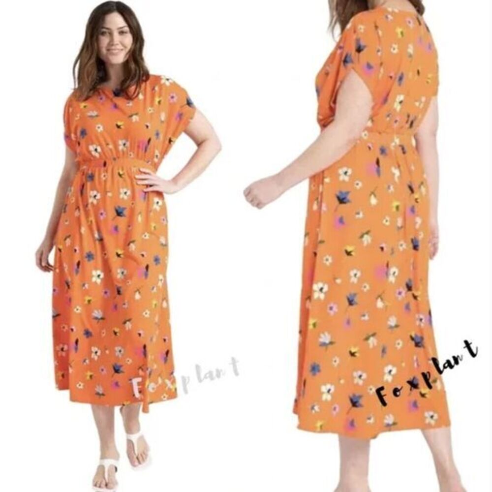 NEW Eloquii orange floral print Dropped Sleeve midi Dress, size 26/28